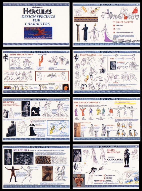 8 slides of example art and design development for the movie Hercules
